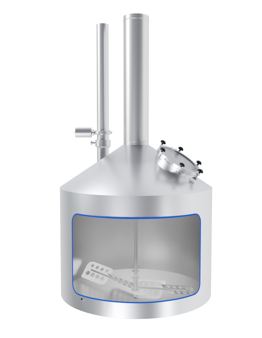 Isolated and cut open mash tun of a Grand Craft brewing system with a view of the agitator