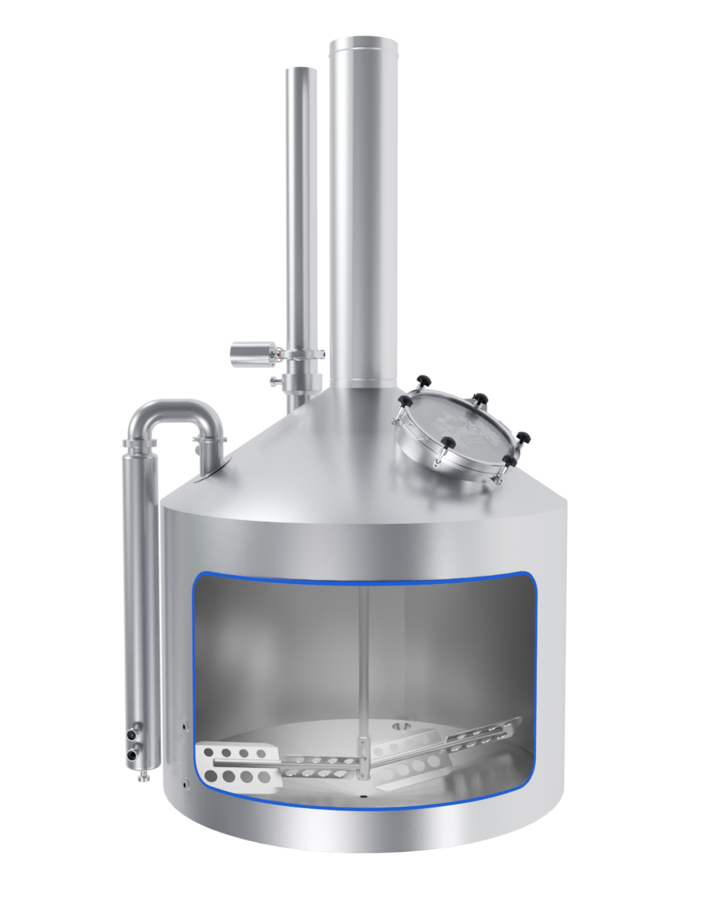 Isolated and cut-open mash tun pan of the Grand Craft brewing system with a view of the agitator