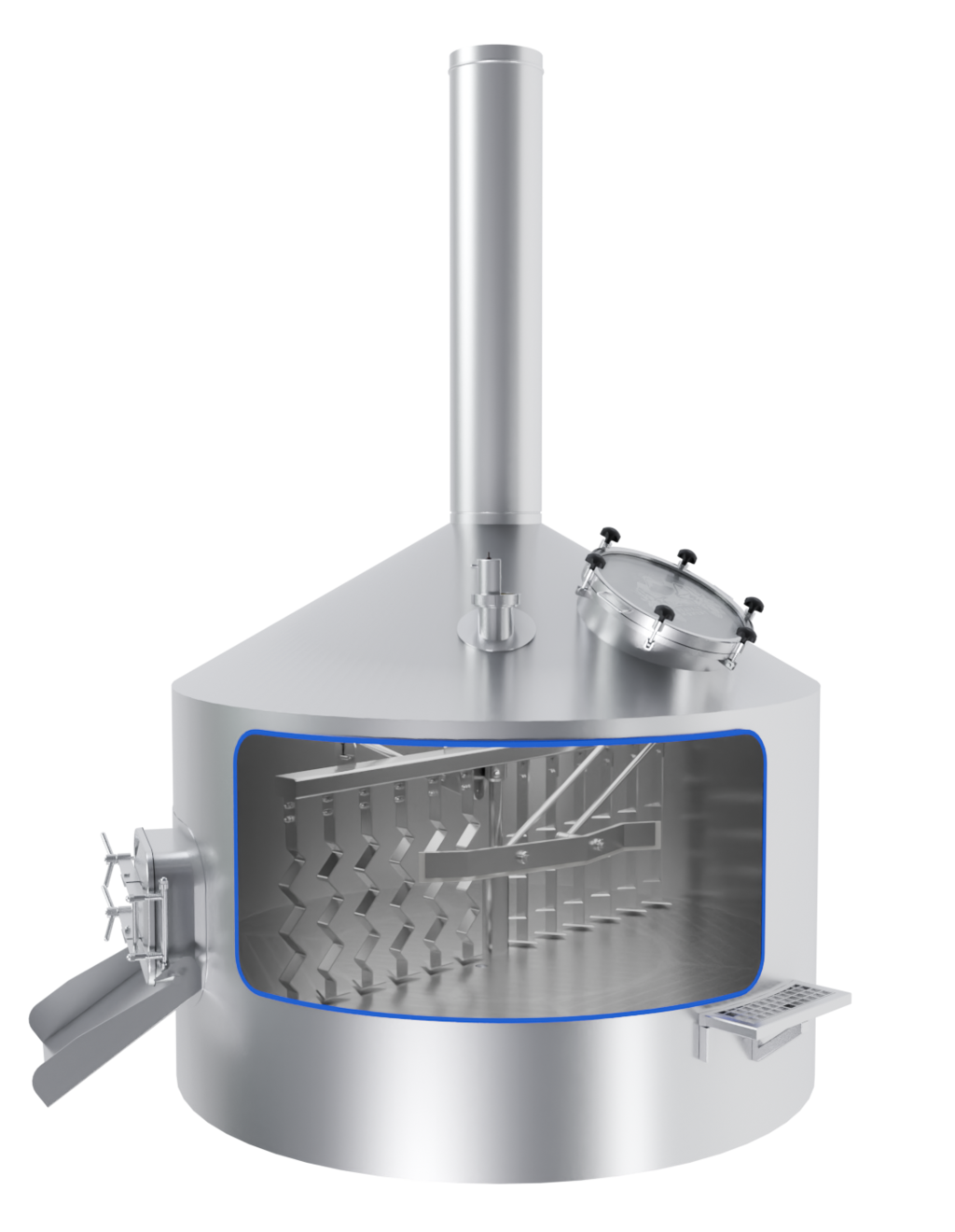 Isolated and cut-open lauter tun of a Grand Craft brewing system with a view of the milling unit